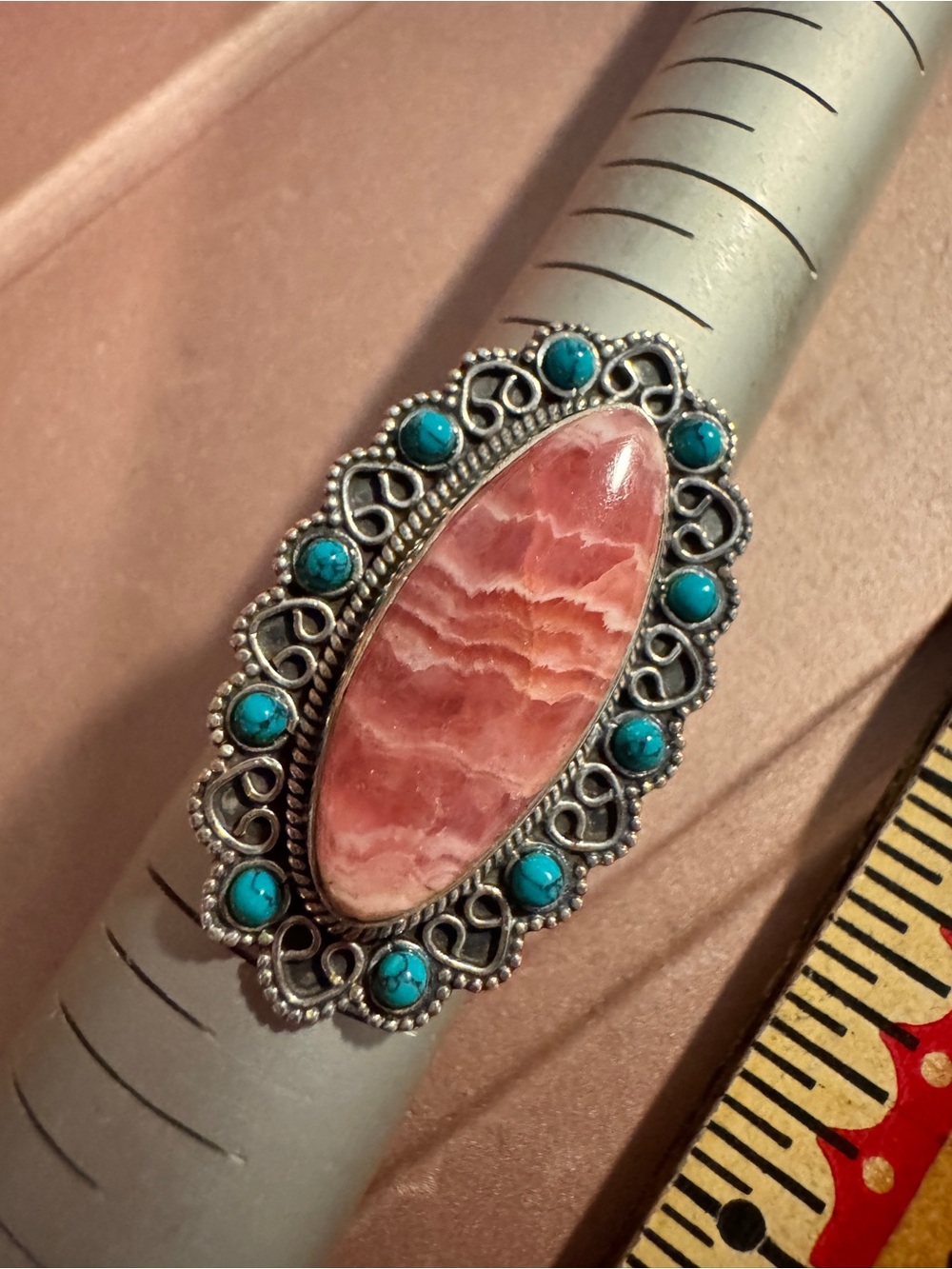 Pink Stone and Turquoise Accent Silver Ring Sz 8